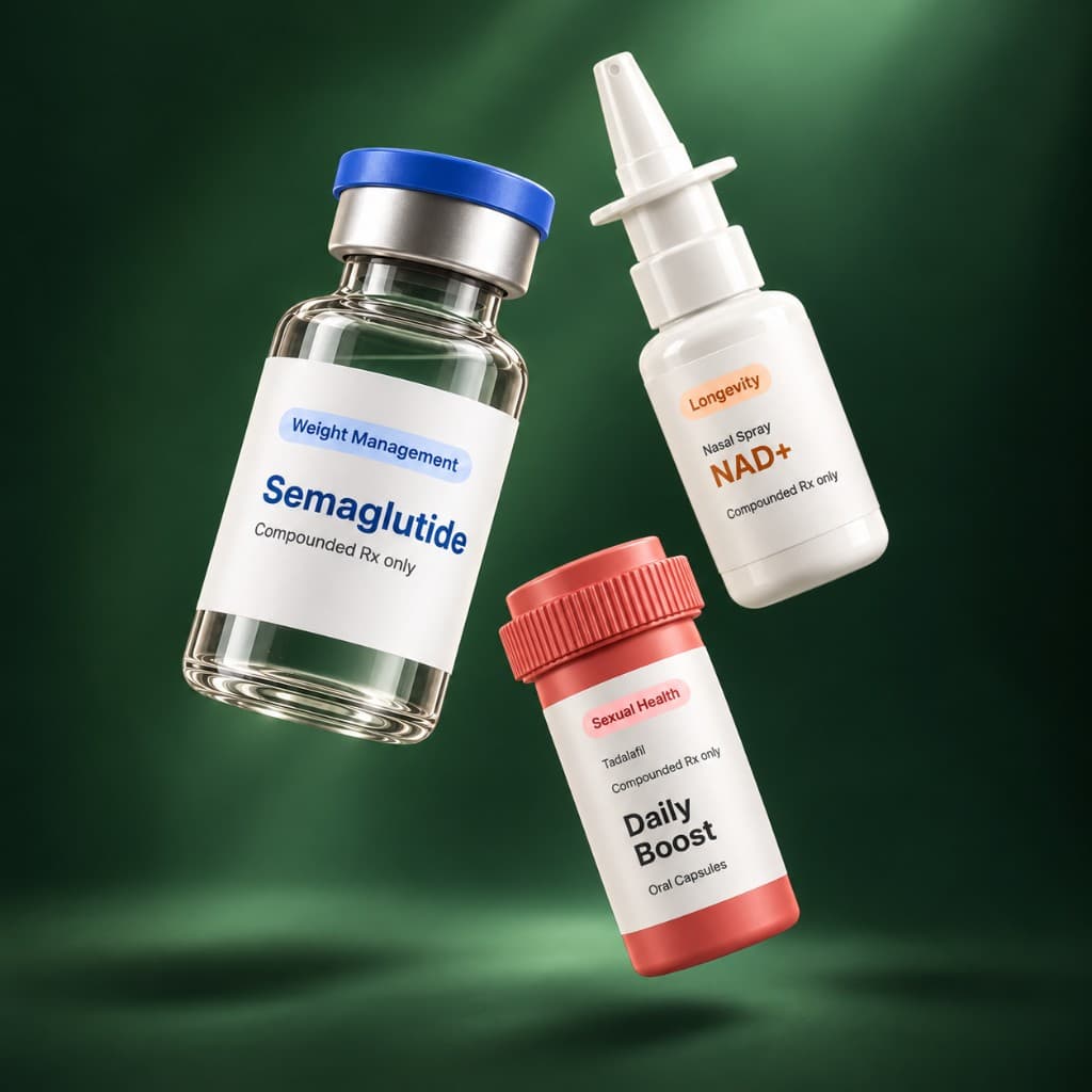 Semaglutide vial, NAD+ nasal spray, and Daily Boost capsules