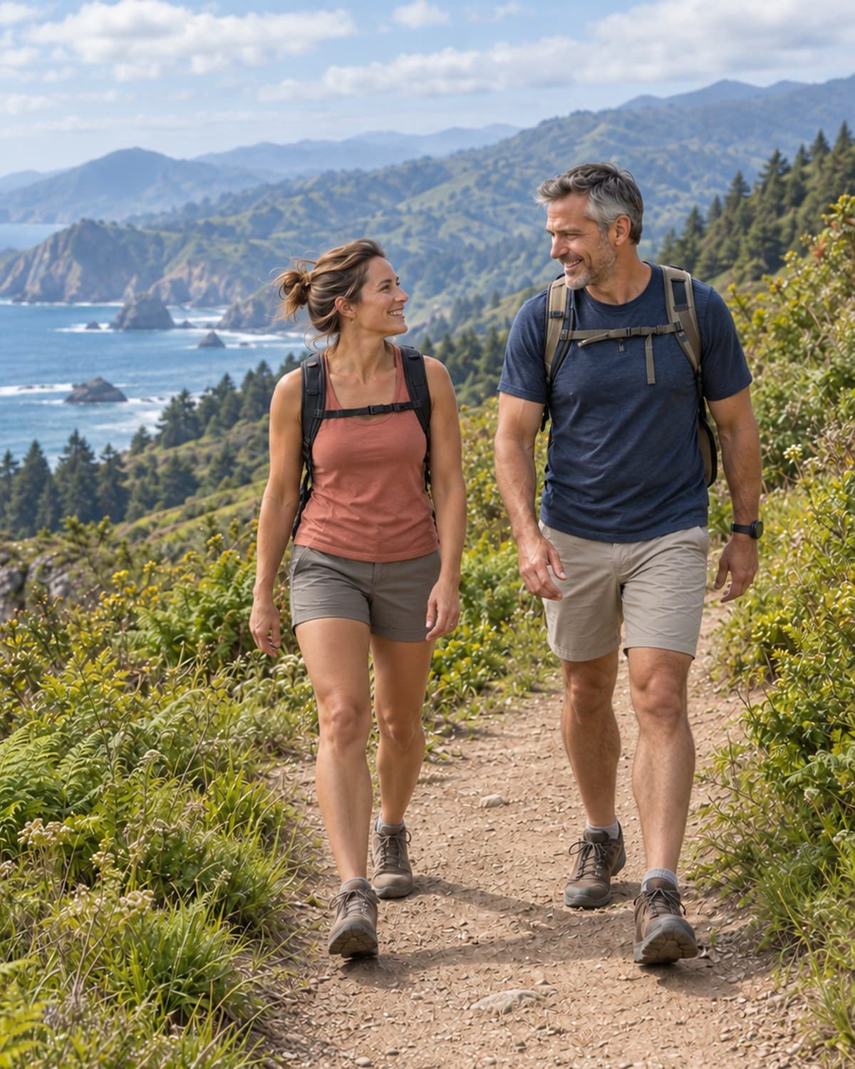 Active couple in their forties hiking a coastal trail